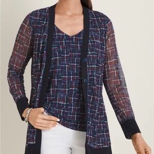 Chico’s Women’s Size 3 (US XL) Navy Printed Tweed Mesh Tank Top Cardigan Set